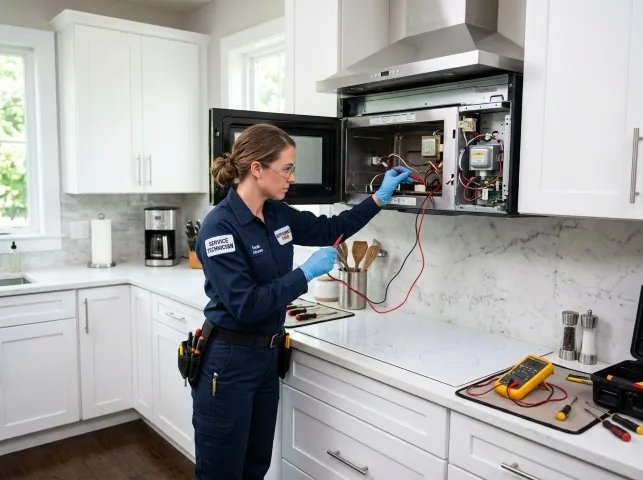 Appliance Repair Hero technician testing an over-the-range microwave in a Bushwood, MD kitchen